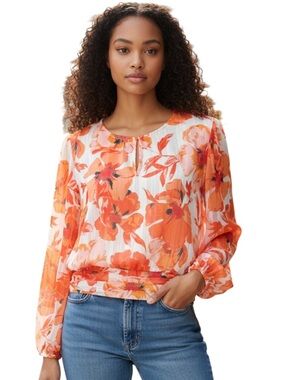 Haver & Blair London Orange/White Gold Thread Floral Scoop Neck Boho Top (XL)